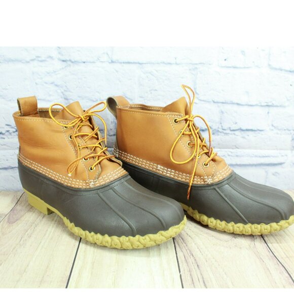 LL Bean Brown Leather Lace Up Round Toe Unlined Ankle Duck Boots Size 11 M - Picture 3 of 10